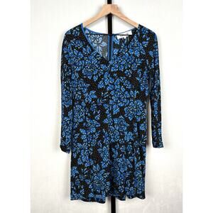 Diane von Furstenberg Silk Blend Blue Floral Print Long Sleeve Dress 6 V-Neck